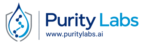 Purity Labs logo with blue molecular water drop shield icon and puritylabs.ai website text