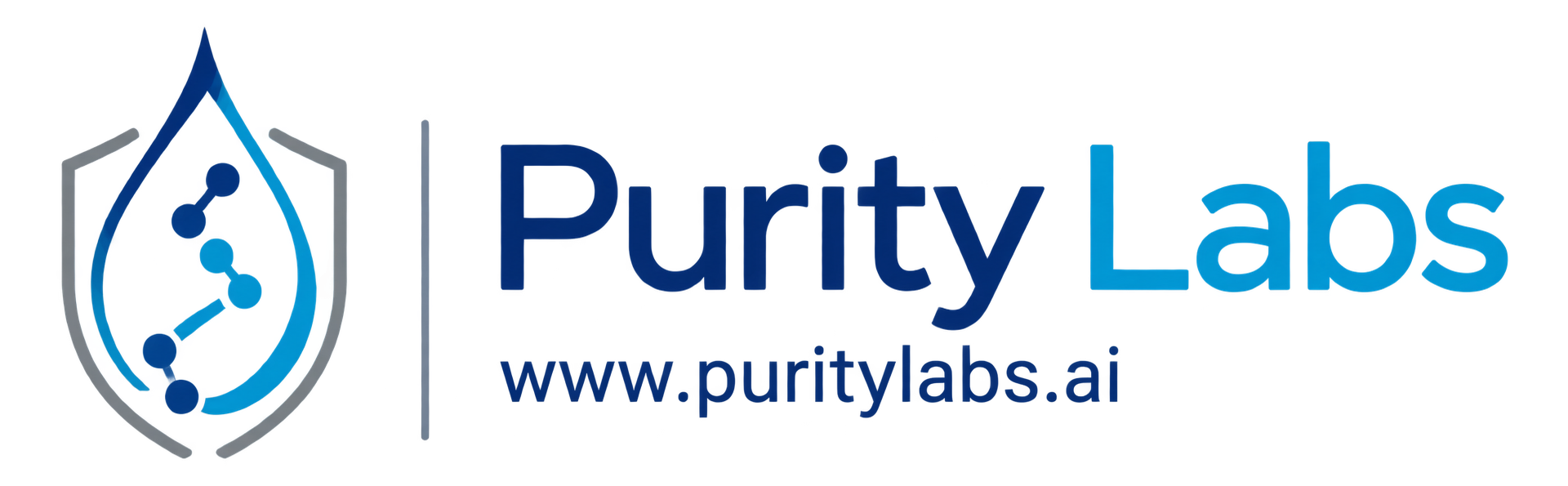Purity Labs logo with blue molecular water drop shield icon and puritylabs.ai website text