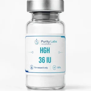 Purity Labs HGH36iu research peptide vial on a clean white studio background