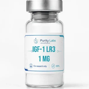 Purity Labs IGF-1LR3-1MG research peptide vial on a clean white studio background