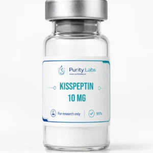 Purity Labs Kisspeptin-10-MG research peptide vial on a clean white studio background