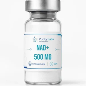 Purity Labs NAD-500MG research peptide vial on a clean white studio background