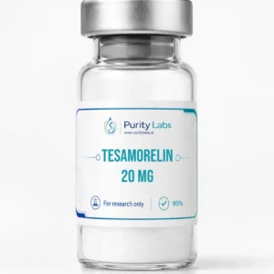 Purity Labs Tesamorelin-20-MG research peptide vial on a clean white studio background