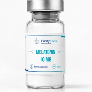 Purity Labs Melatonin 10 MG research peptide vial on a clean white studio background