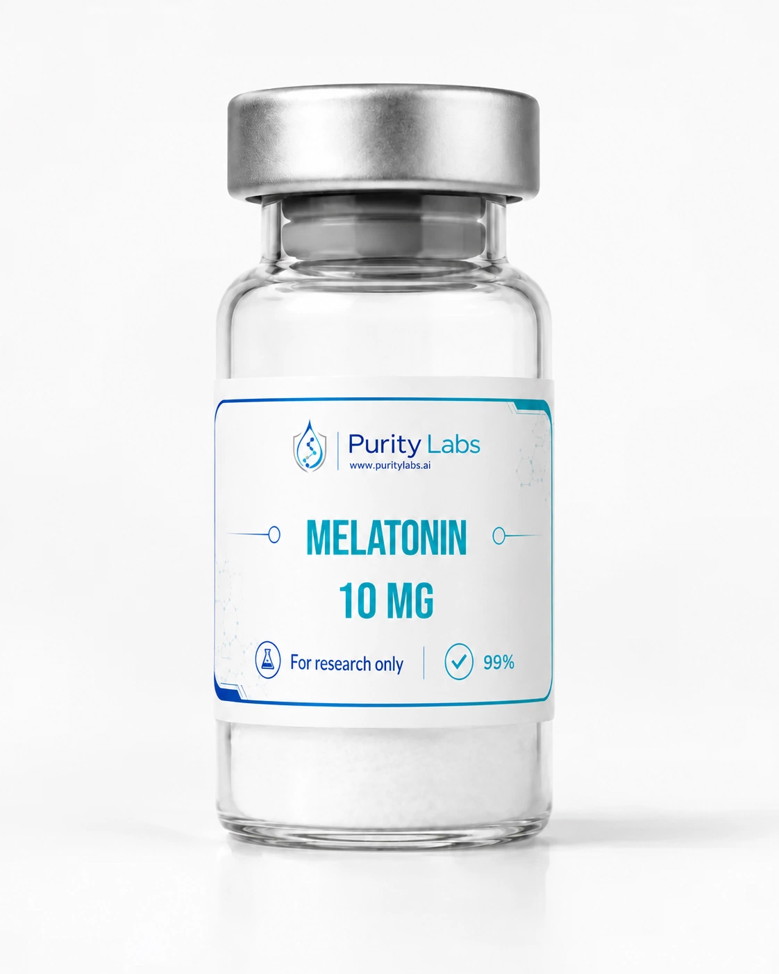 Purity Labs Melatonin 10 MG research peptide vial on a clean white studio background