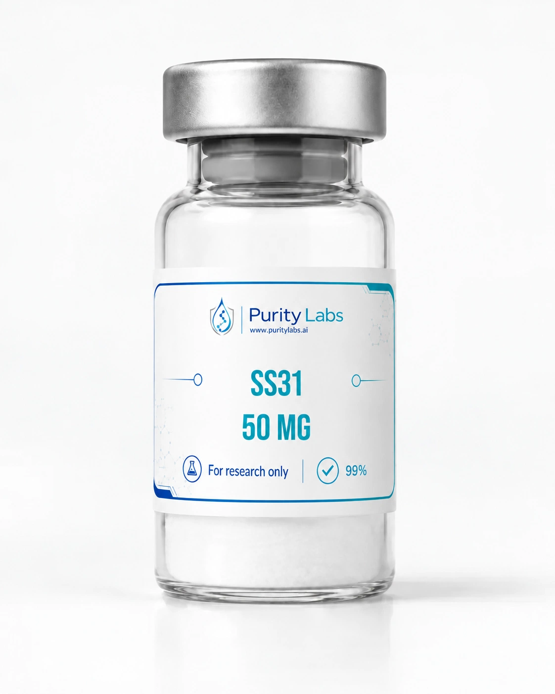 Purity Labs SS31 50 MG research peptide vial on a clean white studio background